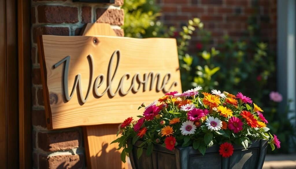 A beautifully crafted wooden welcome sign, elegantly leaning against a rustic brick wall. The sign features a natural wood finish with visible grains and knots, showcasing a charming, handcrafted quality. In front of the sign, a vibrant planter brimming with colorful seasonal flowers, adding a pop of life and color to the scene. The setting is bathed in warm, soft sunlight, casting gentle shadows and creating a welcoming, inviting atmosphere. The background reveals a lush garden with greenery, enhancing the cozy entryway appeal. The image is captured at eye level, with a slightly blurred background to emphasize the sign and planter in sharp detail, evoking a sense of warmth and charm.