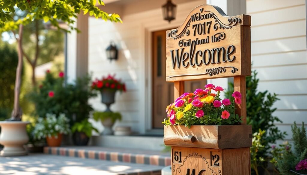 A beautifully crafted wooden welcome sign, featuring intricate carvings and a rustic finish, stands prominently at the forefront. Integrated seamlessly at the base is a charming planter overflowing with vibrant seasonal flowers, their colors bursting in the soft natural light. The background showcases a welcoming home entrance with a well-maintained porch, framed by greenery and soft sunlight filtering through the leaves. The scene is captured at a slight angle, enhancing the depth and inviting atmosphere. Bright, airy environment and soft shadows create a serene and uplifting mood, emphasizing year-round curb appeal. The focus is on the craftsmanship and harmony of the elements, ensuring a visually engaging image without any text or distractions.