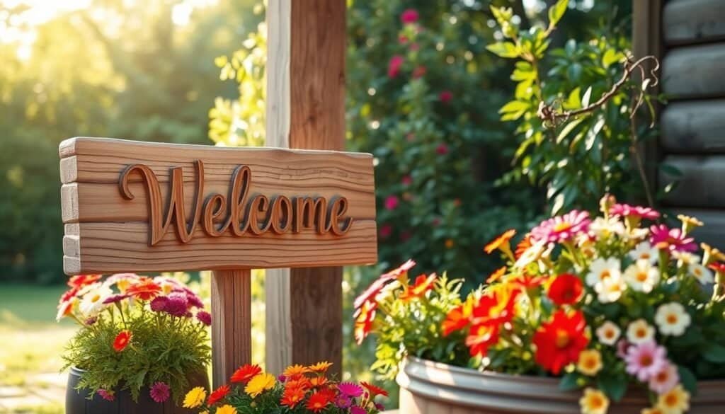 A beautifully crafted wooden welcome sign is the focal point, elegantly placed in a rustic outdoor setting. The sign is made of weathered wood, featuring intricate carvings and a warm, inviting finish. It stands upright beside a vibrant planter overflowing with colorful flowers, creating a cheerful contrast. In the background, soft sunlight filters through lush greenery, bathing the scene in a warm glow that enhances the natural textures of the wood and blooms. The image captures a close-up angle to emphasize the craftsmanship of the sign and the vibrant plants, evoking a sense of relaxation and DIY spirit. The overall mood is serene and welcoming, perfect for showcasing handmade home décor.