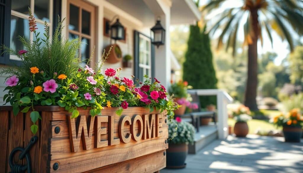 A beautifully crafted wooden welcome sign planter, adorned with lush greenery, sits prominently in the foreground. The sign is made from rustic reclaimed wood, featuring intricate carvings and a warm, inviting finish. Brightly colored flowers and hardy plants spill from the planter, creating a vibrant contrast against the earthy tones of the wood. In the middle ground, a charming porch with potted plants and decorative accents enhances the cozy atmosphere. The background reveals a sunny garden bathed in soft natural light, with tall trees swaying gently in a light breeze. The scene is captured from a slightly elevated angle, showcasing the planter's details and the inviting ambiance. The overall mood is cheerful and welcoming, perfect for greeting guests.