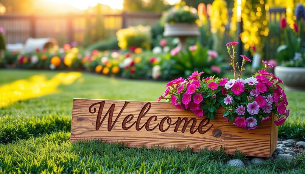 A beautifully crafted wooden welcome sign planter, featuring a rustic design, with vibrant flowers cascading from a built-in planter box. The foreground showcases the planter resting on a well-manicured lawn, surrounded by green grass and a few pebbles. The middle ground highlights the wood texture of the sign, engraved with the word “Welcome” in an elegant script, while the bright blooms attractively enhance the scene. In the background, a soft-focus garden filled with greenery and colorful flowers extends under the warm, golden sunlight of a serene afternoon. The lighting creates soft shadows, adding depth and a welcoming atmosphere. The overall mood is calm and inviting, perfect for entertaining guests in a pleasant outdoor setting.
