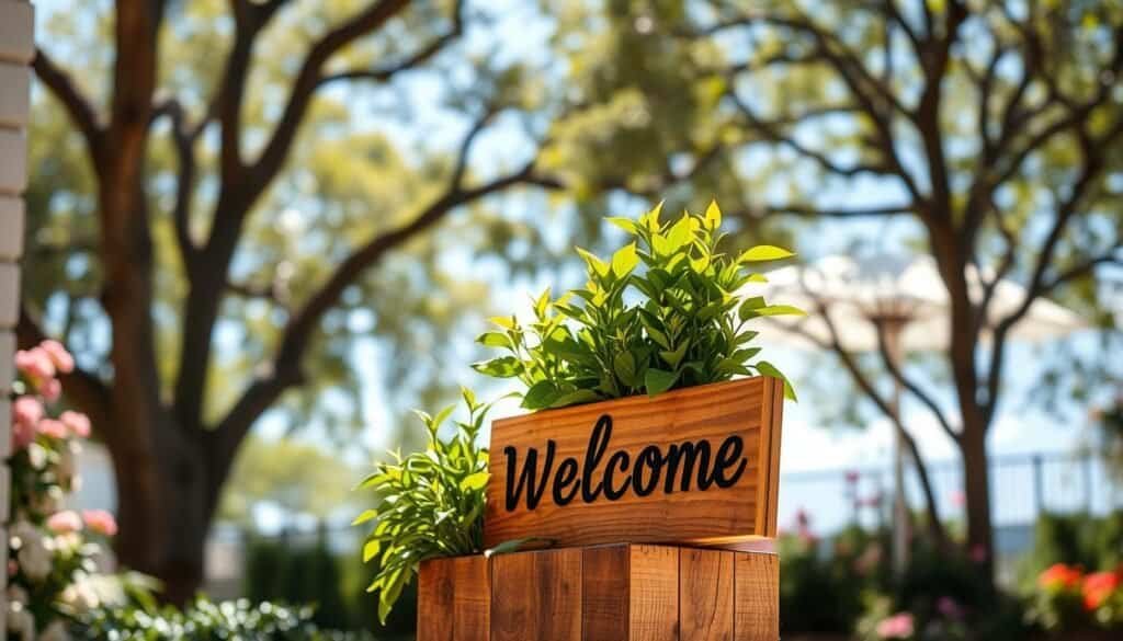 A beautifully crafted wooden welcome sign standing prominently in the foreground, elegantly adorned with lush green plants in a rustic planter. The wood of the sign is natural and textured, with a warm finish that complements the vibrant foliage. In the middle ground, soft sunlight filters through trees, casting gentle shadows and enhancing the greenery's freshness. The background features a bright, airy garden setting with blooming flowers and a clear blue sky, emphasizing a welcoming outdoor atmosphere. The overall mood is inviting and tranquil, perfect for greeting guests. The scene captures the essence of home and nature harmoniously blending together, highlighting a simple yet charming DIY project.