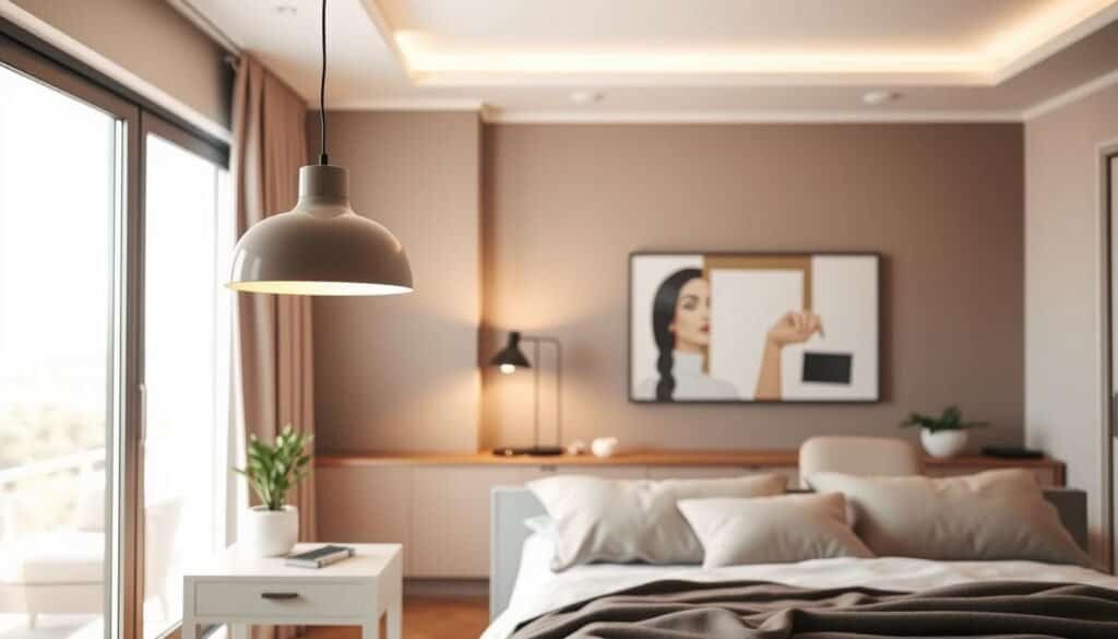 A beautifully curated bedroom featuring modern lighting solutions, designed to enhance a sense of completion and warmth. In the foreground, a sleek pendant light hangs gracefully above a minimalist bedside table, casting a soft, inviting glow. In the middle, a stylish floor lamp with a unique geometric design stands next to a plush armchair, highlighting the interplay of light and shadow. The background reveals a tastefully decorated wall adorned with artwork that complements the room’s color palette, while large windows allow bright natural light to bathe the space in a soft, airy atmosphere. The overall mood is serene and inviting, perfect for a restful retreat, showcasing how thoughtful lighting can transform a bedroom into a cozy haven.