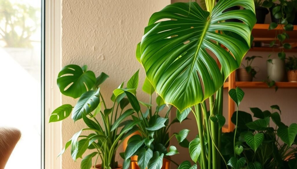 A beautifully curated indoor plant corner featuring a wooden stand showcasing a variety of lush green plants. In the foreground, a tall Monstera plant with deep cuts in its leaves, alongside a smaller snake plant and a trailing pothos. The wooden stand is made of rich, warm-toned wood with a glossy finish, carefully arranged to create layers of height and texture. The middle ground reveals soft, diffused natural light streaming through a nearby window, illuminating the plants and casting gentle shadows. In the background, a textured beige wall complements the greenery, while a hint of a rustic wooden shelf adds depth. The atmosphere is serene and inviting, embodying the essence of nature indoors, with bright, airy vibes and a cozy yet sophisticated feel.