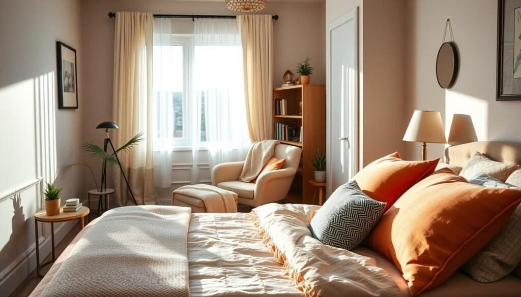 A beautifully decorated busy bedroom scene, featuring a harmonious blend of vibrant colors and soft textures. In the foreground, a neatly made bed with layered, plush throw pillows and a soft, woven blanket adds warmth. A stylish bedside table holds minimalist decor, like a small plant and a soothing lamp. In the middle, a cozy reading nook showcases a plush armchair draped with a light throw, alongside a small bookshelf filled with curated items. The background reveals a window with sheer curtains, allowing bright natural light to fill the space, creating an airy atmosphere. The overall mood is inviting and tranquil, emphasizing balance and comfort in decor, with soft sunlight casting gentle shadows throughout the room. The scene is photographed from a slight angle to enhance depth, with a focus on cozy décor elements and natural lighting.