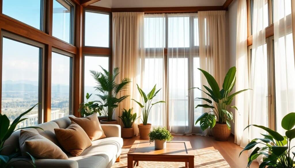 A beautifully decorated living room bathed in bright natural light, showcasing large windows that allow soft sunlight to stream in, creating a warm and inviting atmosphere. In the foreground, a cozy sofa adorned with earthy-toned cushions invites relaxation. The middle ground features a wooden coffee table with a small potted plant, enhancing the connection to nature. Lush green plants are thoughtfully arranged in various spots, adding vibrancy and life to the space. The background reveals soft sheer curtains gently fluttering in a light breeze, framing the view of a serene outdoor landscape. The room is styled with natural materials and a minimalist design, emphasizing an airy and well-lit ambiance. The overall mood is tranquil and rejuvenating, seamlessly blending indoor comfort with the beauty of the outdoors.