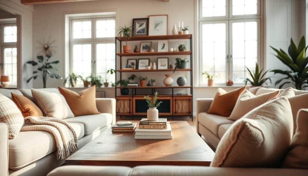 A beautifully decorated living room that embodies the essence of comfort and natural warmth. In the foreground, there's a plush, neutral-colored sofa adorned with an assortment of textured pillows in earthy tones. A soft, woven blanket drapes casually over the armrest. In the middle, an elegant wooden coffee table displays subtle decorative pieces: a small plant, a cozy candle, and a stack of art books. A rustic bookshelf in the background holds artful decor and plants, creating a homely atmosphere. The room is bathed in bright, natural light streaming through large windows, casting gentle shadows. The overall mood is inviting and serene, reflecting a lived-in space that feels both personal and stylish. The angle captures the depth of the room, enhancing its airy and well-lit essence.