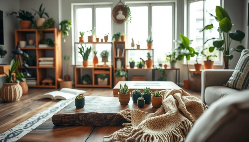 A beautifully decorated living space featuring reclaimed wood decor, emphasizing a relaxed and tranquil atmosphere. In the foreground, an artisanal reclaimed wood coffee table sits adorned with small potted succulents and a cozy woven throw blanket. The middle of the room showcases a rustic wooden shelving unit, filled with various plants, books, and natural-themed decor items. Large windows in the background allow soft, bright natural light to filter in, illuminating the space and creating a warm, inviting vibe. The scene is captured from a slightly elevated angle to highlight the layered textures of wood and greenery. The mood is calm and serene, perfect for a tranquil home setting, complemented by the soft tones of earthy colors and the interplay of light and shadow.