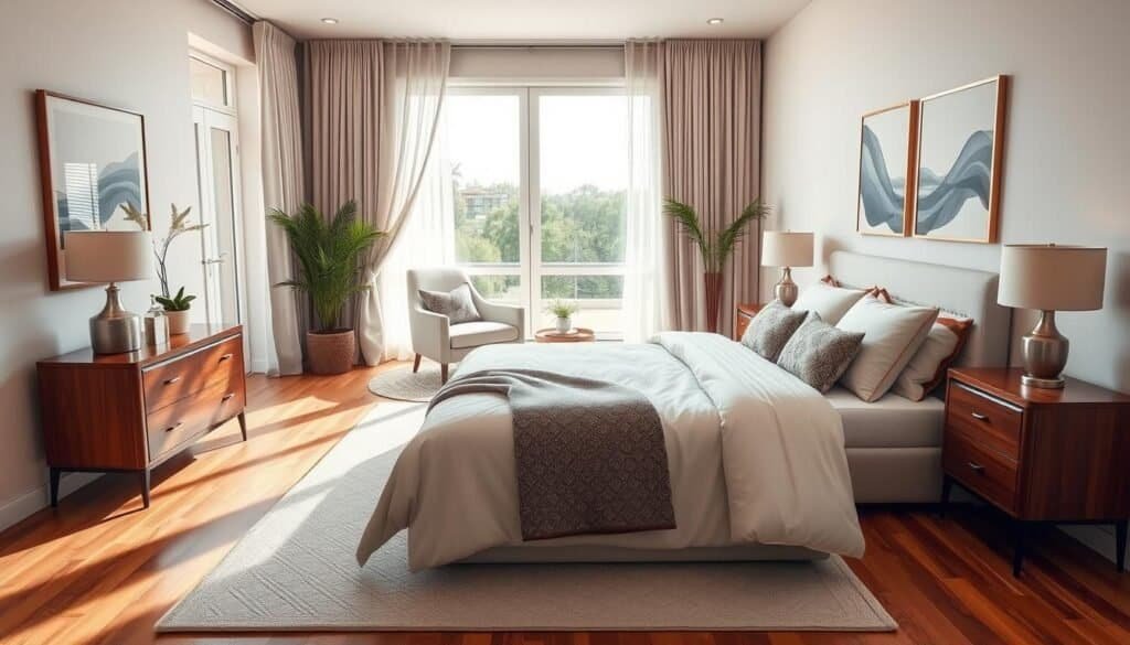 A beautifully decorated master bedroom set in a modern, minimalist style. In the foreground, a plush king-sized bed adorned with soft, neutral-toned bedding and decorative pillows, flanked by elegant wooden nightstands. A stylish lamp and a small potted plant rest on each nightstand. The middle of the room features an inviting armchair beside a large window, allowing bright, natural light to flood in, accentuating the warm tones of the wooden flooring. A cozy rug adds texture, while graceful artwork hangs on the walls, hinting at personal style yet feeling complete. In the background, soft drapes flutter gently in the breeze, creating an atmosphere of serenity and comfort, capturing the essence of a well-curated space.