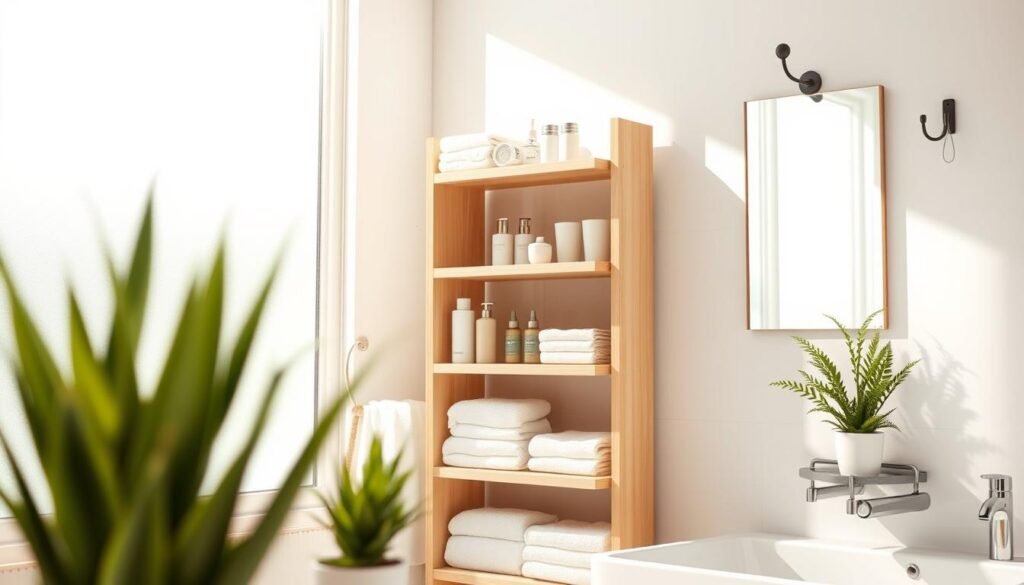 A beautifully designed DIY bathroom storage tower made of light-colored wood, showcasing its multiple shelves filled with neatly organized toiletries and towels. The tower stands against a bright, airy bathroom wall, bathed in soft natural sunlight filtering through a frosted window, creating a warm and inviting atmosphere. In the foreground, delicate potted plants add a touch of greenery, enhancing the relaxing vibe. The middle of the scene highlights the intricate wood grain and craftsmanship, with clean lines and a modern aesthetic. The background features subtle decor elements like a stylish mirror and minimalist hooks, reinforcing a tidy and functional space. The composition is focused with a gentle depth of field, emphasizing the storage tower while softly blurring the background elements.