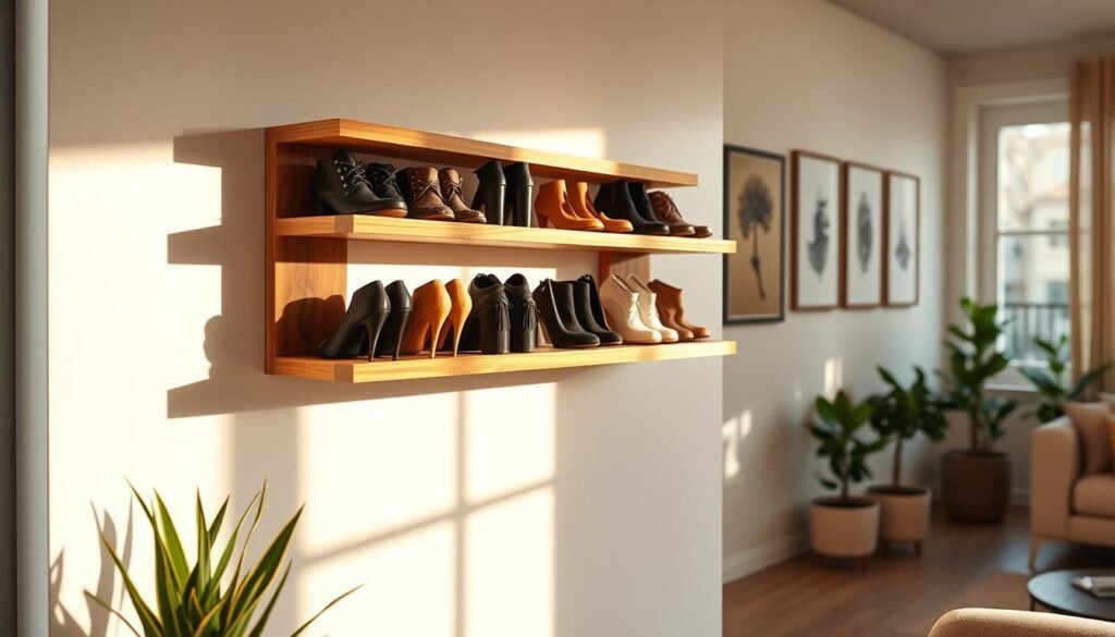 A beautifully designed DIY floating shoe rack made from natural wood, elegantly mounted against a light-colored wall. The rack displays an organized array of stylish shoes, showcasing different colors and styles. In the foreground, the focus is on the sleek, minimalist design of the rack, emphasizing the craftsmanship and careful detailing of the wood grain. Soft, warm sunlight streams in from a nearby window, casting gentle shadows and illuminating the shoes. In the background, a tastefully decorated room complements the shoe rack, featuring potted plants and neutral-toned furnishings, enhancing the inviting atmosphere of a well-organized space. The overall mood evokes a sense of calm and satisfaction, perfect for a home DIY project.