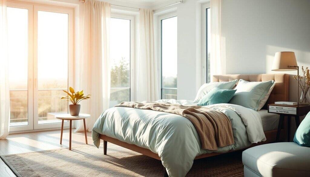 A beautifully designed bedroom featuring a cozy, inviting bed as the focal point. The bed is adorned with soft, plush bedding in calming shades of blue and green, reflecting color psychology. In the foreground, a stylish nightstand holds a small potted plant and a soft-glowing lamp. The middle ground includes a chic rug beneath the bed, harmonizing with the color scheme. In the background, large windows let in bright, natural sunlight, enhancing the airy atmosphere and illuminating the room. Soft curtains billow gently with a breeze. The overall mood is tranquil and welcoming, suggesting a peaceful retreat perfect for rejuvenation and relaxation, captured with warm, soft sunlight to enhance comfort and serenity.