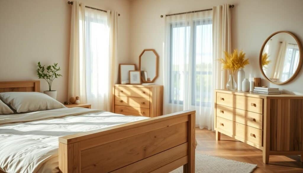 A beautifully designed bedroom featuring balanced wood elements, showcasing a light-toned wooden bed frame with a soft, neutral-colored duvet and plush pillows in the foreground. A rustic wooden nightstand beside the bed holds a small potted plant, adding a touch of greenery. In the middle ground, a stylish wooden dresser complements the bed, adorned with decorative items like candles and books. The background features a large window with sheer curtains allowing soft, natural light to flood the room, enhancing the calming atmosphere. The walls are painted in soft beige, creating a warm, inviting feel. The scene is bright and airy, emphasizing the harmony of wood textures throughout the space, inviting relaxation and tranquility. The angle captures the room from the corner, providing a well-rounded view of the design.