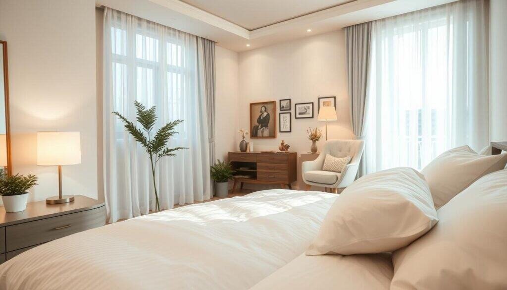 A beautifully designed bedroom interior that radiates tranquility and comfort. In the foreground, include a neatly arranged bed with fluffy white bedding and an inviting assortment of pillows. To the left, a stylish nightstand with a small plant and a soft-glow lamp adds warmth. The middle section features an airy window with sheer curtains, allowing soft, natural sunlight to filter in, highlighting the room's colors. In the background, tasteful wall décor and a cozy reading nook with a plush chair encourage relaxation. Use a wide-angle lens to capture the room’s spaciousness and ensure the lighting is bright but soft, evoking a serene atmosphere conducive to wellbeing. Aim for a clean, modern aesthetic that inspires a sense of calm and invites a peaceful retreat.