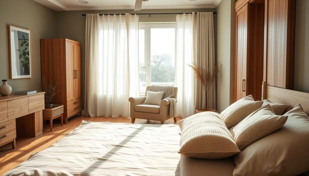 A beautifully designed bedroom showcasing a harmonious color palette that complements natural wood accents. In the foreground, a stylish wooden bed frame with soft, neutral bedding sets a serene tone. The middle ground features a cozy armchair in a muted pastel shade, paired with a textured throw blanket, emphasizing comfort. Surrounding the space, light, airy curtains gently filter bright natural light, casting soft shadows. In the background, the walls painted in calming shades of sage green and soft beige enhance the wooden elements, creating a cohesive and tranquil atmosphere. The lens captures the scene with a warm, inviting angle, evoking a sense of sanctuary and relaxation. The overall mood is peaceful and rejuvenating, perfect for a personal retreat.