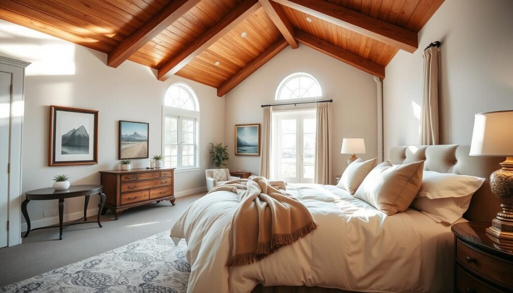 A beautifully designed bedroom with a master vaulted ceiling, showcasing warm and comfortable aesthetics. The foreground features a plush king-sized bed with soft, neutral bedding and a cozy throw blanket. A stylish bedside table with a small plant and a decorative lamp adds a personal touch. In the middle, large windows let in bright, natural sunlight, illuminating the room and highlighting wooden beams of the vaulted ceiling. The walls are painted in soothing, light tones, creating an airy atmosphere. In the background, tasteful artwork and elegant curtains complement the design, while a soft, textured area rug completes the space. The overall mood is serene and inviting, with a focus on warmth and comfort, enhanced by natural light and a spacious feel.
