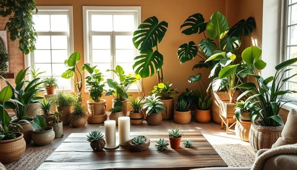 A beautifully designed earthy plant room aesthetic, showcasing an inviting space filled with a variety of lush green plants in varied pots. In the foreground, a rustic wooden coffee table adorned with small succulents and candles creates a cozy vibe. The middle features large leafy houseplants, such as fiddle leaf figs and monstera, arranged in natural woven baskets, casting soft shadows. In the background, large windows allow gentle sunlight to stream in, illuminating the room with a bright, airy feel. The walls are painted in warm, earthy tones, adding to the calming atmosphere. Emphasize natural textures in the furniture, like reclaimed wood and organic fabrics, to enhance the serene, rejuvenating mood of the space, inviting viewers to experience a revitalizing green energy.