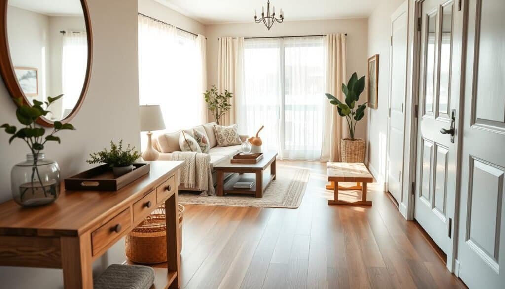 A beautifully designed entry living room that seamlessly merges style and comfort. In the foreground, a natural wood console table adorned with a small potted plant and a decorative tray. In the middle, an inviting living room space featuring a plush, neutral-toned sofa and a rustic wooden coffee table. Soft textiles like a chunky knit blanket and patterned cushions add warmth. In the background, large windows allow bright, natural light to flood the room, enhancing the earthy tones of wooden flooring and accents. Ethereal sunlight filters through sheer curtains, creating a tranquil atmosphere. The scene is shot from a slightly elevated angle, capturing the inviting essence of a well-styled entryway that opens directly into the living area. Ideal for illustrating cozy, welcoming designs.