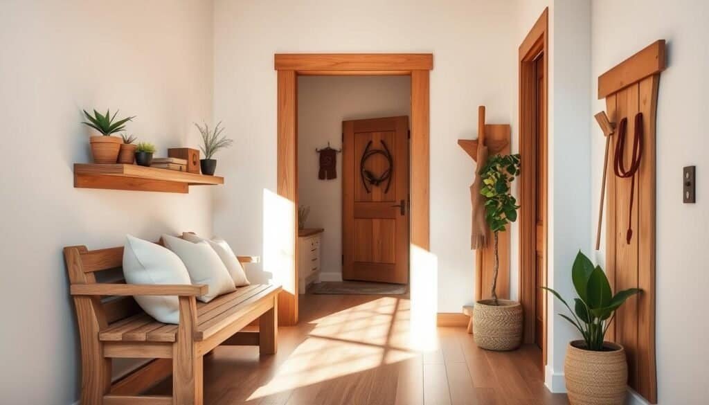 A beautifully designed entryway featuring simple wood touches. In the foreground, a rustic wooden bench adorned with soft, neutral cushions sits against a light-colored wall. A small wooden shelf above the bench displays potted plants and decorative items, adding warmth. In the middle, an inviting doorway with a simple wooden frame opens to a well-lit space. Natural light streams in, casting soft shadows. In the background, you can see wooden accents like a coat rack and a stylish wooden door. The atmosphere is warm and welcoming, emphasizing a harmonious blend of natural elements. Bright, airy lighting enhances the natural textures of the wood, evoking a serene and cozy vibe throughout the scene.