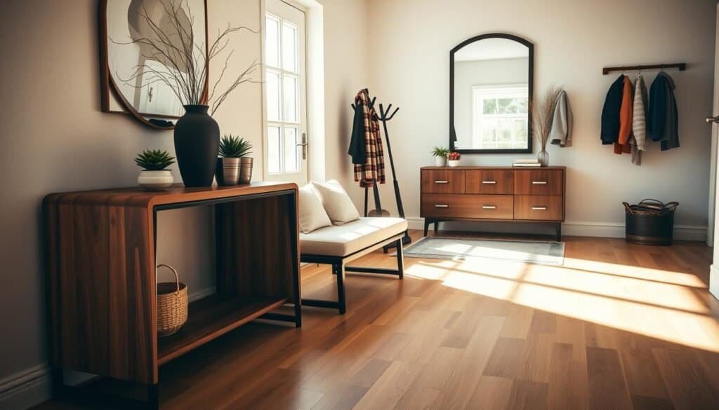 A beautifully designed entryway featuring stylish and functional furniture in a warm and inviting atmosphere. In the foreground, a sleek, modern console table with a rich wood finish, adorned with a decorative vase and a few potted plants, captures the eye. Beside it, a cozy bench with soft cushions invites guests to sit and remove their shoes. In the middle ground, a stylish coat rack stands against the wall, holding a few jackets and scarves. The background showcases a well-decorated entryway featuring a large mirror that reflects soft, natural light coming through the nearby window. The scene is bathed in bright, warm sunlight, creating an airy feeling, complemented by light shadows that enhance the cozy ambiance. Shot with a wide-angle lens, this image conveys a sense of welcoming comfort and elegant design.
