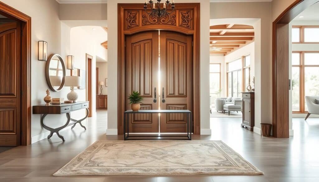 A beautifully designed entryway of a contemporary home, featuring a large wooden door with intricate carvings, flanked by elegant sidelights. The foreground includes a stylish console table adorned with a small potted plant and decorative items, inviting warmth and personality. In the middle, a soft, airy rug grounds the space, leading towards the door. The background reveals a glimpse of a bright, spacious living area illuminated by soft sunlight streaming through large windows, creating a harmonious blend of indoor and outdoor spaces. The overall atmosphere is calm and welcoming, emphasizing the vital role of the entryway in shaping the architectural flow of the home. The scene is captured with a wide-angle lens, highlighting the open layout and using natural lighting to enhance the inviting feel.