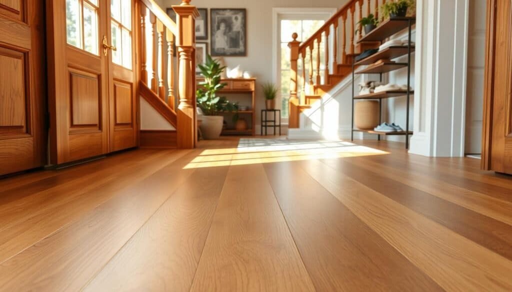 A beautifully designed entryway showcasing elegant wooden flooring and stylish staircase solutions. In the foreground, rich oak planks create a warm, inviting atmosphere with detailed grain patterns highlighted by soft, natural sunlight filtering through a nearby window. The middle ground features a well-crafted staircase with polished wood railings and intricate balusters, seamlessly integrating into the flooring. The background presents a tastefully decorated entryway with potted plants and a minimalist shoe rack, adding a touch of greenery and organization. The scene is brightly lit with an airy feel, capturing the cozy ambiance of a home. The angle is slightly elevated, giving a clear view of both the flooring and stairs, inviting the viewer into this welcoming space.