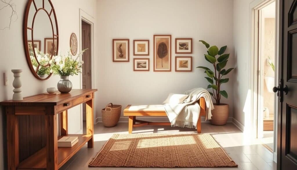 A beautifully designed entryway with a warm and inviting atmosphere. In the foreground, a rustic wooden console table adorned with a vase of fresh flowers and a decorative mirror above. Soft sunlight filters through a nearby window, casting gentle shadows and highlighting textures. The middle ground features a cozy woven area rug, paired with a plush bench draped in a soft throw blanket. On the wall, a gallery of framed artwork in earthy tones adds character. In the background, light walls with subtle textures and a potted plant create an airy, spacious feel. Overall, the scene should exude warmth and charm, inviting anyone who enters to feel right at home. The lighting is bright and natural, enhancing the welcoming mood.
