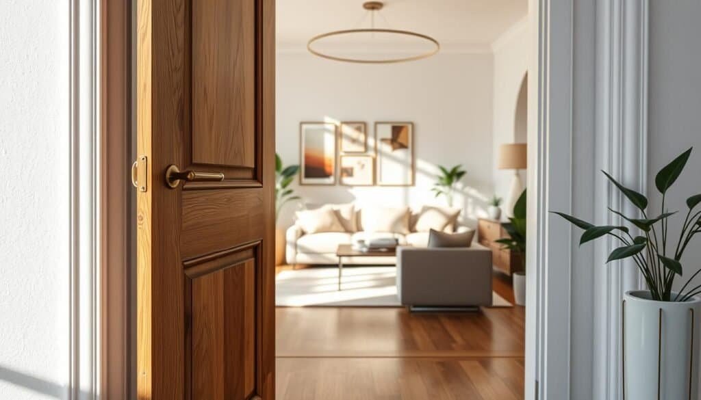 A beautifully designed front door opening into a cozy living room layout, showcasing smart and inviting spatial solutions. In the foreground, a stylish wooden door with a sleek handle, partially ajar, allows a glimpse into the room. The middle ground features a softly-lit living space with a plush sofa adorned in calming, neutral tones, complemented by an elegant coffee table. A large window lets in bright, natural light, casting soft shadows and creating a warm atmosphere. In the background, tasteful artwork hangs on the walls, and indoor plants add a touch of greenery. The scene captures a serene and comfortable vibe, evoking a sense of homey tranquility, perfect for inspiring calm living. The lighting is bright, natural, and airy, emphasizing a well-organized and welcoming environment. A beautifully designed front door opening into a cozy living room layout, showcasing smart and inviting spatial solutions. In the foreground, a stylish wooden door with a sleek handle, partially ajar, allows a glimpse into the room. The middle ground features a softly-lit living space with a plush sofa adorned in calming, neutral tones, complemented by an elegant coffee table. A large window lets in bright, natural light, casting soft shadows and creating a warm atmosphere. In the background, tasteful artwork hangs on the walls, and indoor plants add a touch of greenery. The scene captures a serene and comfortable vibe, evoking a sense of homey tranquility, perfect for inspiring calm living. The lighting is bright, natural, and airy, emphasizing a well-organized and welcoming environment.