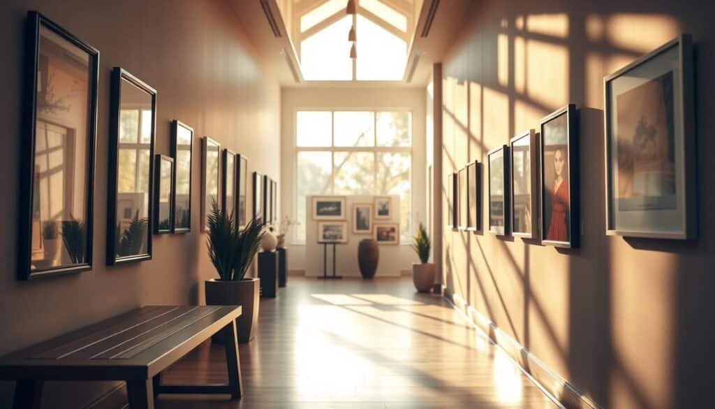 A beautifully designed hallway gallery showcasing artwork and photographs along the walls. In the foreground, a sleek wooden bench adds a touch of elegance, inviting viewers to pause. The middle ground features various framed art pieces, illuminated by soft, natural sunlight streaming through large windows at the end of the corridor. The warm light creates a welcoming atmosphere, enhancing the colors and textures of the artwork. In the background, soft shadows play along the walls, giving depth to the space. The hallway is adorned with tasteful decor, such as potted plants and decorative vases. The overall mood is serene, inspiring a sense of enjoyment and appreciation for art in a well-lit, airy environment. The image captures the essence of transforming a simple passageway into a purposeful gallery space.