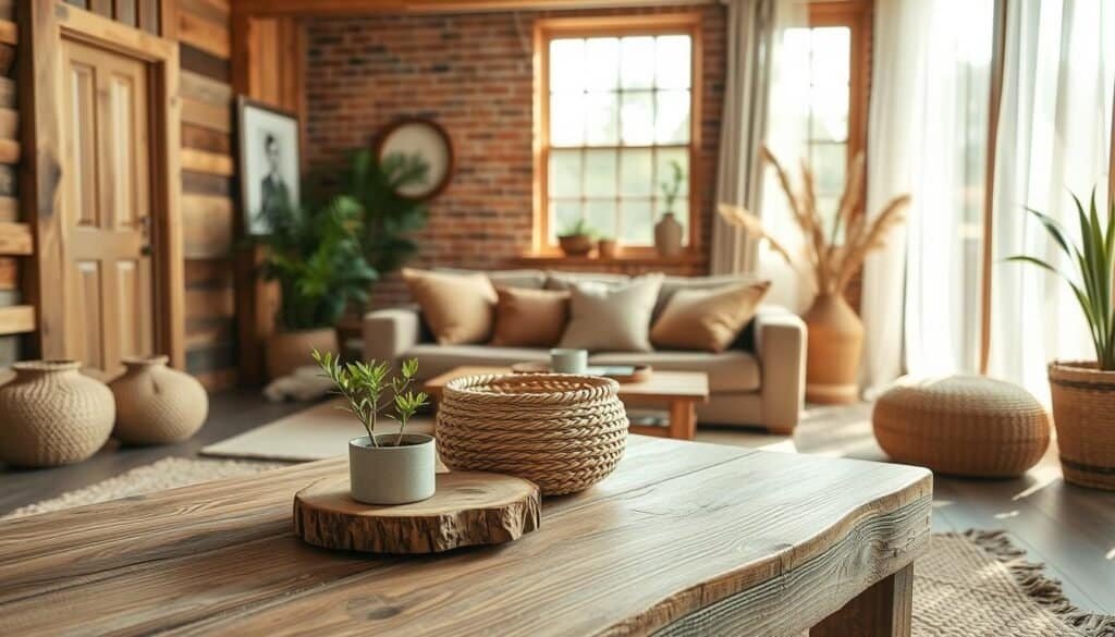 A beautifully designed home interior featuring natural materials that exude warmth and character. In the foreground, there’s a rustic wooden coffee table adorned with a small potted plant and a textured woven basket. The middle section showcases comfortable seating with plush, earth-toned cushions, surrounded by natural fiber rugs. The walls are adorned with wooden panels and exposed bricks, reflecting a harmonious blend of textures. In the background, large windows allow soft, bright sunlight to filter through sheer curtains, creating an airy and inviting atmosphere. The overall mood is cozy and relaxed, highlighting the beauty of organic elements in home decor. The image captures the essence of a lived-in space, enriched with natural materials that evoke comfort and tranquility.