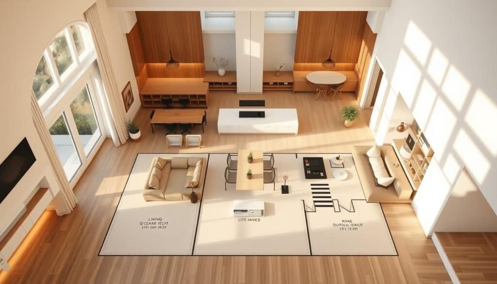 A beautifully designed house floorplan, showcasing an open concept layout that promotes natural flow between living spaces. The foreground features a detailed floorplan with distinct areas for a spacious living room, kitchen, and dining area, complete with labeled zones. The middle section highlights the thoughtful placement of windows to allow soft, bright natural light to fill the rooms, enhancing the airy atmosphere. In the background, elegant architectural details such as built-in shelving and smooth wooden accents create a sense of harmony. The lighting is warm and inviting, accentuating the textures of the materials used. The angle captures the entire layout from a bird's-eye perspective, emphasizing the thoughtful design elements that make the space feel cohesive and thoughtfully curated. The overall mood is serene and sophisticated, reflecting a carefully crafted home environment.