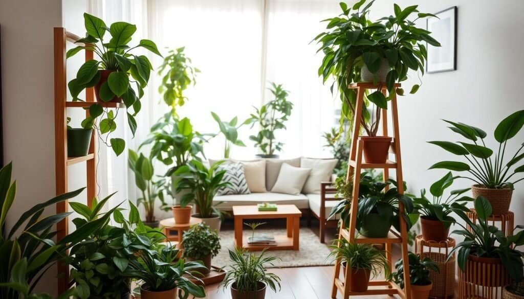 A beautifully designed indoor plant corner showcasing a variety of lush greenery. In the foreground, a stylish wooden plant stand with multiple tiers, adorned with vibrant potted plants of different sizes and shapes, such as a tall snake plant, cascading pothos, and blooming peace lilies. The middle layer features a cozy seating area with soft cushions and a small wooden coffee table, creating an inviting atmosphere. In the background, a large window with sheer curtains allows soft, natural light to illuminate the space, highlighting the rich textures of the plants and furniture. The mood is fresh and invigorating, enhancing the appeal of indoor gardening. Capture this scene with a wide-angle lens to emphasize depth and create an airy feel. The lighting should be bright, emphasizing a serene and lively home environment.