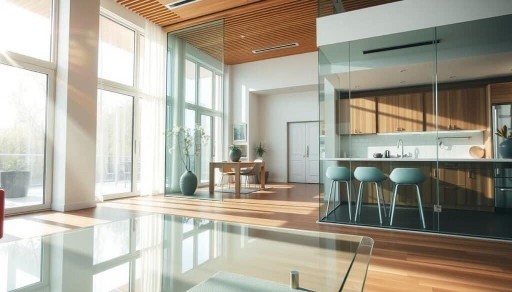 A beautifully designed interior showcasing glass elements that emphasize transparency and depth. In the foreground, a sleek glass coffee table reflects soft sunlight pouring in from large windows. The middle ground features elegant glass partitions that subtly divide the space, allowing light to flow freely while creating an open atmosphere. In the background, a modern kitchen with wooden cabinetry and a glass backsplash seamlessly blends natural materials with contemporary design. The scene is illuminated by bright, natural light, enhancing the airy feel of the room. Use a wide-angle lens to capture the full essence of the space, highlighting the interplay of light and shadow. The mood is serene and inviting, reflecting a harmonious balance between transparency and natural elements in design.
