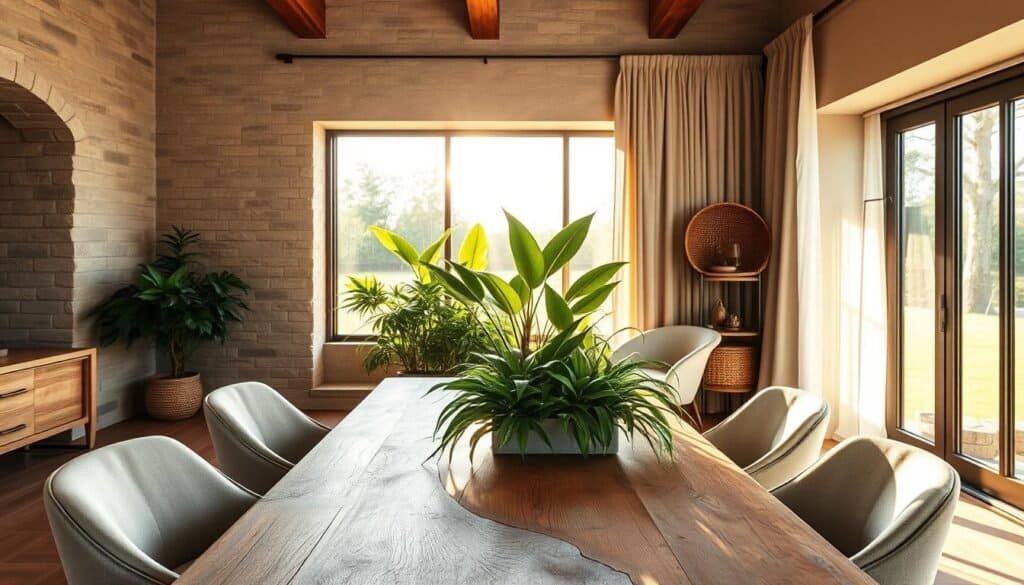 A beautifully designed interior space showcasing a harmonious blend of natural materials. In the foreground, a rustic wooden dining table made from reclaimed oak, surrounded by soft, linen upholstered chairs. The middle features a lush indoor plant arrangement, with varying shades of green, against a backdrop of textured stone walls and a large, panoramic window that floods the room with bright, natural light. In the background, soft neutral-toned drapes elegantly frame the window, enhancing the airy atmosphere. Golden sunlight streams in, casting gentle shadows across the floor, creating a warm and inviting mood. Capture this scene with a slightly elevated perspective, focusing on the interplay of textures and elements that evoke a sense of sensory harmony and tranquility.