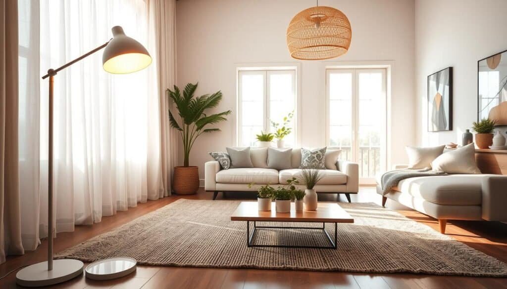A beautifully designed interior space showcasing innovative lighting solutions. In the foreground, a modern floor lamp with warm light casts a soft glow, highlighting a stylish, minimalist coffee table adorned with plants. The middle ground features a chic seating arrangement with plush cushions and a textured rug, all bathed in bright, natural light streaming through large windows. The background reveals an airy atmosphere, with light-colored walls and tasteful artwork, enhancing the sense of openness. The soft sunlight creates a tranquil and inviting mood, emphasizing the transformative power of light in creating a balanced, harmonious environment. Use a wide-angle lens to capture the room's spaciousness while maintaining a warm, inviting tone throughout the image.