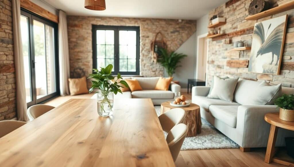 A beautifully designed interior space showcasing natural materials in an open-plan layout. In the foreground, a hand-crafted wooden dining table provides a warm, organic focal point, surrounded by modern fabric chairs. The middle ground features a cozy living area with a plush sofa upholstered in natural linen, accented by throw pillows in earthy tones. A large window bathes the room in soft, diffused sunlight, highlighting a potted plant with lush greenery on a rustic side table. The background reveals a wall of natural stone and reclaimed wood, creating a harmonious, inviting atmosphere. Capture the scene with a warm color palette and a soft focus to evoke a sense of tranquility and connection to nature. Use a wide-angle lens to emphasize the spaciousness and airy feel of the design.