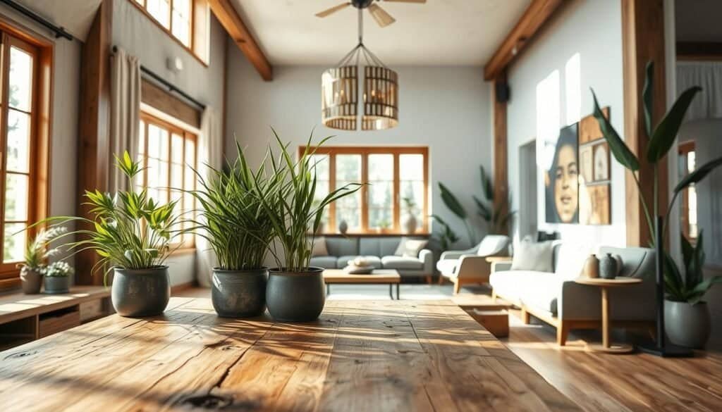 A beautifully designed interior space showcasing sustainable materials, such as reclaimed wood, bamboo, and recycled metal accents. In the foreground, a rustic wooden table made from salvaged timber holds fresh greenery in biodegradable planters, emphasizing eco-friendliness. The middle ground features elegant furniture with organic shapes, upholstered in natural fabrics, paired with a striking handcrafted light fixture made of upcycled materials. The background reveals large windows letting in bright, diffused natural light, highlighting the textures of the walls adorned with environmentally friendly paint. Capture the scene from a low angle to enhance the spaciousness, with soft sunlight streaming through the windows, creating a warm and inviting atmosphere that feels timeless and well thought-out. The overall mood is serene, harmonizing sustainability with aesthetic beauty.