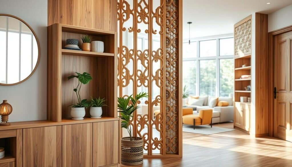 A beautifully designed living hall partition featuring natural wood elements, showcasing a blend of practical storage solutions. In the foreground, there is a handcrafted wooden cabinet with open shelving and a sleek arrangement of potted plants and decor items. The middle ground highlights the partition itself, carved with elegant patterns, seamlessly separating the living area from the entryway while allowing light to flow through. The background includes a bright, airy space with large windows letting in soft sunlight, enhancing the natural wood appeal. The scene is captured at a wide angle, emphasizing depth and warmth, setting a welcoming and stylish atmosphere that invites relaxation and organization.