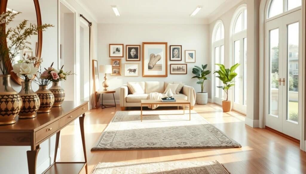 A beautifully designed living room entryway, featuring a cozy and inviting atmosphere. In the foreground, a stylish console table adorned with vases of fresh flowers and decorative accessories. In the middle, an open area with a plush area rug leading to a comfortable seating arrangement of an elegant sofa with cushions and a warm throw blanket. On the wall, an assortment of framed artwork adds character. The background shows large windows allowing bright, natural light to flood the space, creating a soft, airy feel. Use soft sunlight to enhance the inviting mood, captured with a warm color palette. The perspective is a slightly angled view, highlighting both the entryway and the living room, making it appear spacious and welcoming.