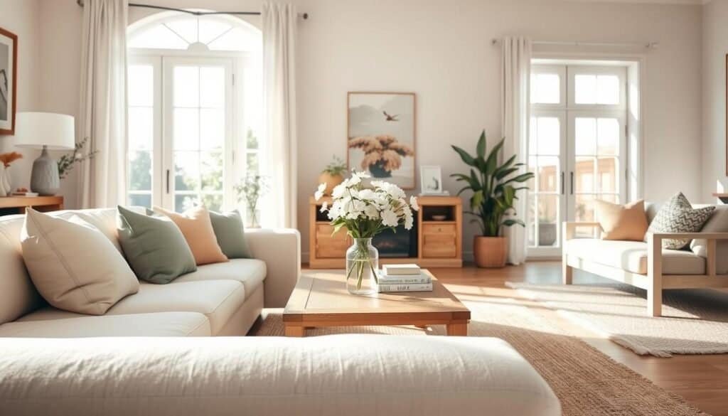 A beautifully designed living room featuring a serene color palette, emphasizing soft earth tones and muted pastels that evoke calmness. In the foreground, a plush cream sofa with decorative pillows in gentle shades of sage and blush invites relaxation. In the middle, a wooden coffee table holds a vase of fresh white flowers, surrounded by a few textured books. The background reveals large windows allowing bright, natural light to flood the space, creating an airy ambiance. Soft sunlight highlights the subtle textures of woven rugs and light wooden furniture, enhancing the warm atmosphere. The composition should feel inviting and tranquil, with a focus on cozy elegance, ideal for a space that feels genuinely lived-in. The angle should be slightly elevated, capturing the entire room in a harmonious and peaceful setting, with no people or text present. A beautifully designed living room featuring a serene color palette, emphasizing soft earth tones and muted pastels that evoke calmness. In the foreground, a plush cream sofa with decorative pillows in gentle shades of sage and blush invites relaxation. In the middle, a wooden coffee table holds a vase of fresh white flowers, surrounded by a few textured books. The background reveals large windows allowing bright, natural light to flood the space, creating an airy ambiance. Soft sunlight highlights the subtle textures of woven rugs and light wooden furniture, enhancing the warm atmosphere. The composition should feel inviting and tranquil, with a focus on cozy elegance, ideal for a space that feels genuinely lived-in. The angle should be slightly elevated, capturing the entire room in a harmonious and peaceful setting, with no people or text present.
