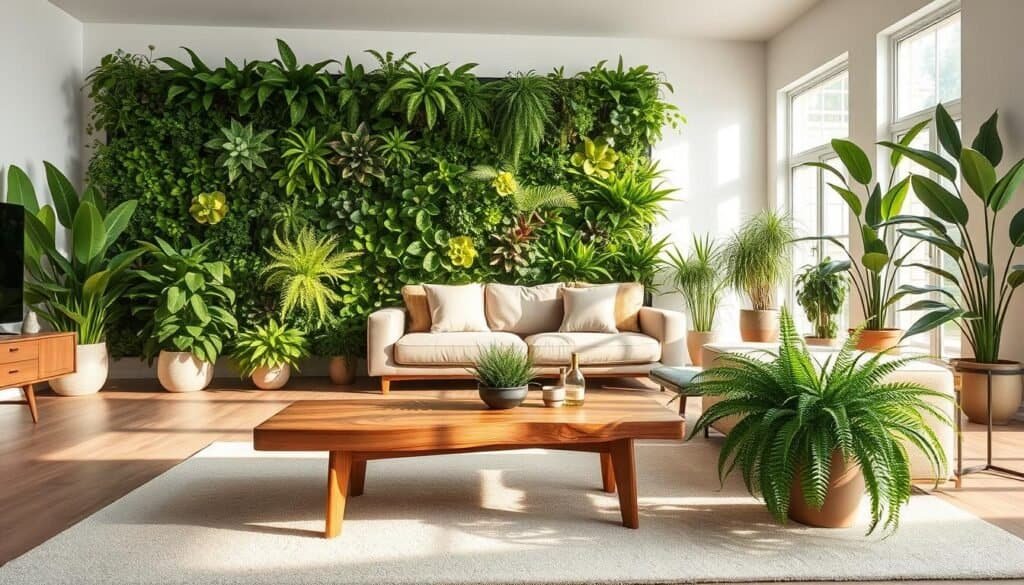 A beautifully designed living room featuring a striking plant accent wall covered with a variety of lush, vibrant green plants, such as ferns, philodendrons, and succulents. In the foreground, a stylish, modern coffee table made of natural wood sits atop a soft area rug, accentuating the earthy tones. The middle of the room showcases comfortable, stylish seating in neutral colors, complemented by decorative cushions. In the background, large windows allow soft, bright, natural light to flood in, enhancing the fresh and airy atmosphere. The room is arranged to evoke a calming, rejuvenating mood, with subtle shadows playing against the walls from the plants. Use a wide-angle lens to capture the spaciousness and emphasize the beauty of the plant wall in this well-lit, inviting environment.