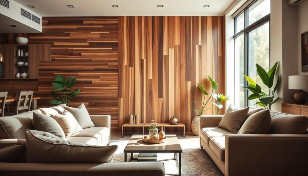 A beautifully designed living room featuring a stunning wooden accent wall, showcasing rich textures and varying shades of brown. The foreground includes a cozy seating arrangement with a plush sofa adorned with neutral throw pillows, complemented by a stylish coffee table. In the middle ground, the wooden accent wall displays vertical planks arranged in a modern pattern, enhanced by soft, natural lighting that filters through large windows, creating a bright and inviting atmosphere. The background reveals houseplants and tasteful decorative elements that add warmth and charm. The scene is bathed in soft sunlight, conveying a serene and airy mood, captured with a wide-angle lens to emphasize space and depth.