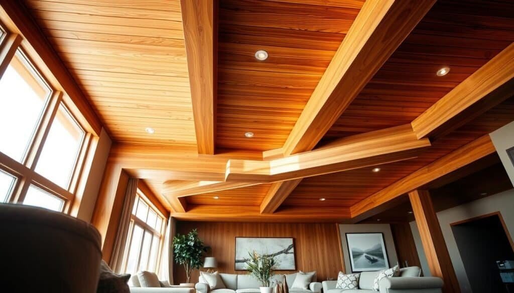 A beautifully designed living room featuring elegant natural wood ceiling treatments that create a dramatic effect. The foreground showcases intricate wooden beams in rich, warm tones and textures, with subtle grain patterns, enhancing the inviting atmosphere. In the middle ground, stylish furnishings in neutral colors complement the woodwork, arranged tastefully around a cozy seating area. Soft, natural sunlight filters through large windows, casting gentle shadows and highlighting the warmth of the wood. The background includes a tastefully decorated wall with minimalistic art, maintaining a serene ambiance. Captured from a slight angle to emphasize the ceiling's architecture, the scene conveys a harmonious blend of sophistication and comfort in a well-lit, airy space.