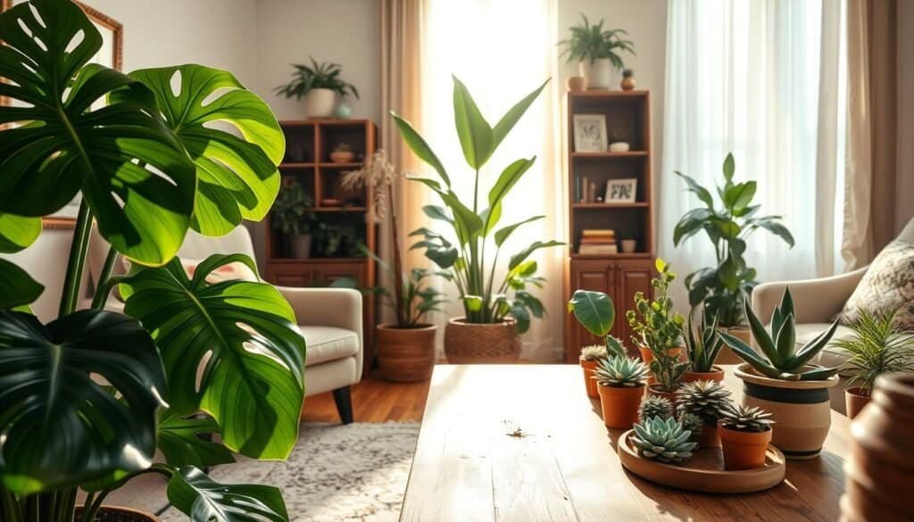 A beautifully designed living room filled with various indoor plants as central design elements. In the foreground, a large, leafy monstera sits next to a cozy armchair, while smaller potted succulents populate a rustic wooden coffee table. In the middle, a tall snake plant reaches toward a nearby window, allowing soft, bright natural light to filter through sheer curtains, creating an airy atmosphere. In the background, an elegant bookshelf is partially visible, adorned with additional greenery and artful decor. The scene captures a serene mood, complemented by the warm glow of afternoon sunlight. The perspective is slightly angled, emphasizing depth and inviting viewers into this tranquil, plant-filled space.