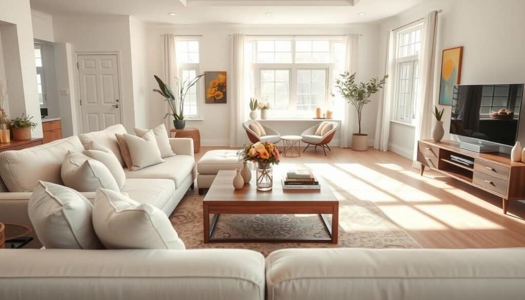 A beautifully designed living room, showcasing seasonal refreshes with a mix of cozy and modern aesthetics. In the foreground, a plush, cream-colored sofa adorned with pastel throw pillows invites relaxation. A stylish wooden coffee table, adorned with a vase of fresh flowers and a few art books, sits invitingly in the center. The middle ground features an elegant area rug that enhances the warmth of the space, while a sleek media console displays tasteful decor elements. In the background, large windows allow bright, soft sunlight to stream in, illuminating the airy atmosphere and casting gentle shadows. The walls are painted in light, neutral tones, complemented by colorful art pieces. The overall mood is welcoming and inspiring, perfect for transforming transitional spaces into places of comfort and joy.