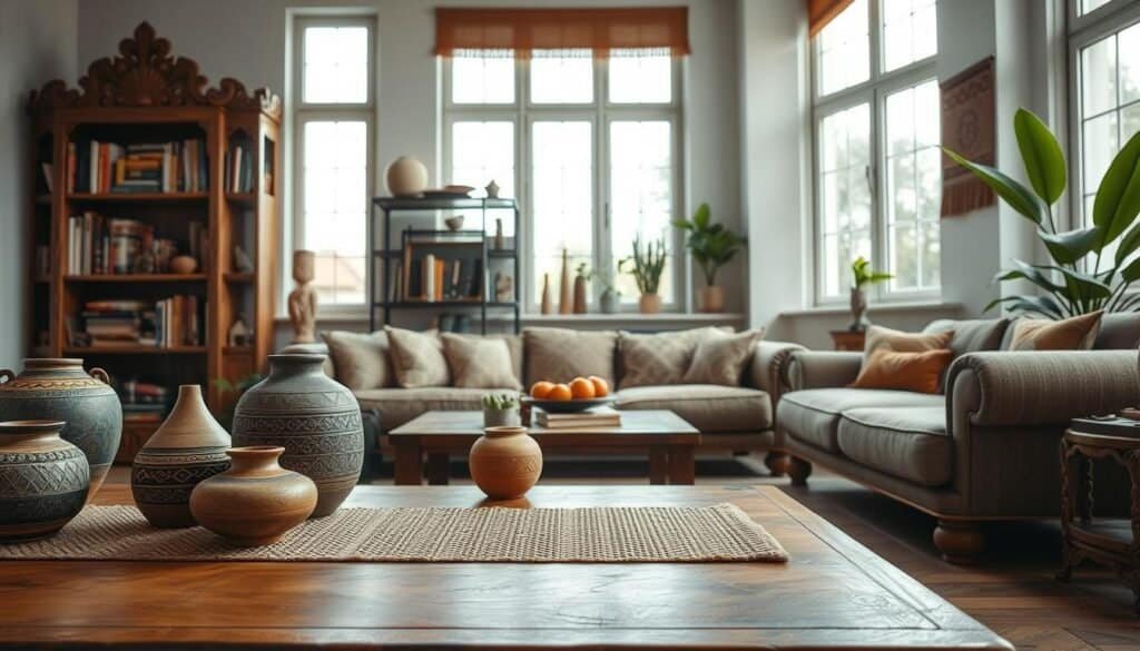 A beautifully designed living room that showcases cultural elements transcending trends. In the foreground, a traditional wooden coffee table adorned with artisanal pottery and a woven textile runner. The middle layer highlights a striking hand-carved bookshelf filled with diverse books and cultural artifacts, accented by a plush, patterned sofa in natural fabrics. In the background, large windows allow bright, soft sunlight to fill the space, illuminating ethnic wall hangings and a subtle indoor plant. The atmosphere conveys warmth and heritage, blending modern comfort with timeless design influences. The scene captures a cozy, inviting mood, emphasizing natural textures and a harmonious color palette. Use a wide-angle lens for depth and clarity, ensuring the composition feels spacious and airy.
