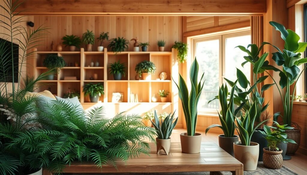 A beautifully designed living room that showcases the natural harmony of wood and plants, featuring a cozy wooden coffee table surrounded by an assortment of vibrant green potted plants. In the foreground, a lush fern and a tall, slender snake plant add life and texture. The middle ground reveals a light-colored wooden bookshelf filled with assorted houseplants and decorative wooden objects, while in the background, large windows let in bright, soft sunlight, illuminating the space with an airy feel. The warm tones of the wooden elements contrast beautifully with the rich greens of the plants, creating a tranquil atmosphere ideal for relaxation. The scene evokes a sense of calm and connection to nature, with realistic home décor elements that enhance the inviting ambiance.