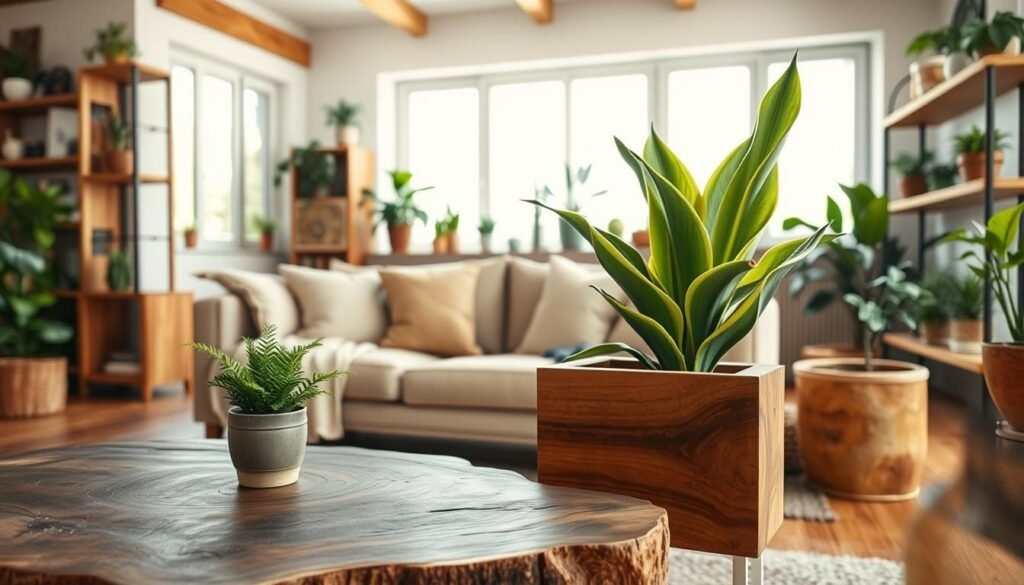 A beautifully designed living space featuring wood accent features that harmoniously complement lush green plants. In the foreground, a rustic wooden coffee table holds a small potted fern, while a vibrant snake plant rises from a handcrafted wooden planter. The middle ground showcases a cozy sofa adorned with natural textile cushions, surrounded by wooden shelving displaying various plants and decorative items. In the background, large windows flood the room with bright, soft natural light, illuminating the textures of the wood and greenery. The atmosphere is peaceful and inviting, with a focus on relaxed elegance. Capture this scene with a wide-angle lens to emphasize the openness of the space, while highlighting the warm wood tones against the vivid greenery in a well-lit, airy environment.