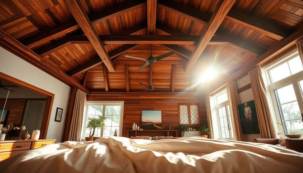 A beautifully designed master bedroom with wooden ceiling features, showcasing intricate beams and panels that reflect a warm, inviting atmosphere. The foreground highlights a cozy bed adorned with soft, neutral-toned linens. In the middle, the wooden ceiling captures the eye, illuminated by bright natural light filtering through large windows, casting soft shadows that enhance the textures of the wood. The background features serene décor elements like potted plants and minimalist furniture that complement the wooden accents. The overall mood is calm and restful, evoking a sense of tranquility. Capture this scene with a wide-angle lens, emphasizing the spaciousness and airy feel, bathed in soft sunlight for an inviting aesthetic.