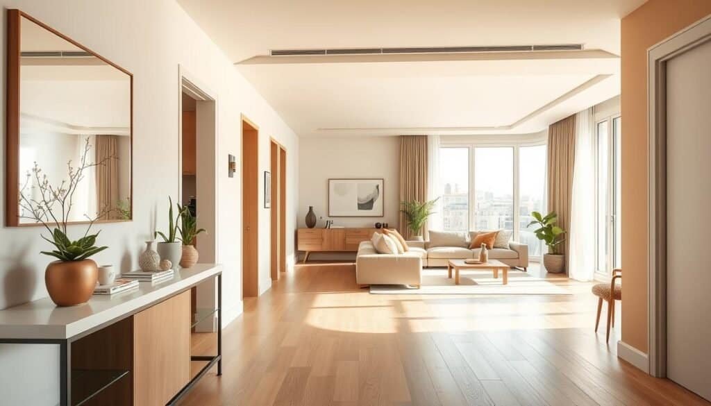 A beautifully designed modern hall in an apartment, showcasing soft, natural flow between spaces. In the foreground, a chic entryway with a sleek console table adorned with plants and decorative items. The middle section features an inviting open plan leading into a cozy living area, accentuated by a plush sofa and stylish coffee table. Warm, airy colors dominate the palette, complemented by natural wood accents. Large, panoramic windows allow bright, soft sunlight to flood the space, enhancing the sense of connection with the outdoors. The background includes tastefully decorated walls with minimalist art, fostering a serene atmosphere. Capture the scene with a wide-angle lens to emphasize depth and openness, creating a tranquil yet modern ambiance perfect for small living spaces.